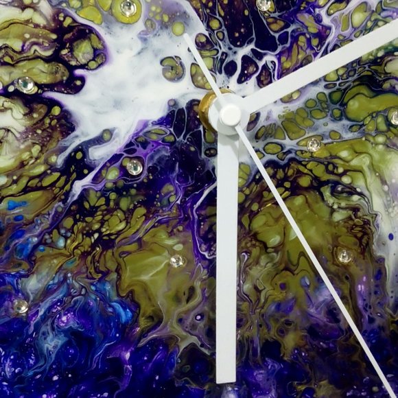 Hand Crafted Resin Clock Fluid Art Bling Purple Olive Green Rhinestones - Picture 7 of 11
